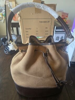 NWT Lands' End Two-Tone Suede Drawstring Hobo - Tan & Dark Brown